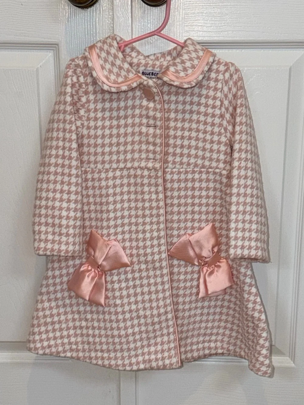 Blueberi Boulevard Pink Houndstooth Coat with Satin Bows